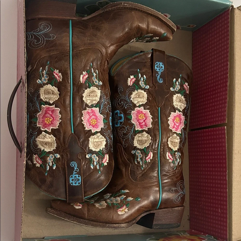 Macie Bean Kids Brown Floral Embroidered Western Cowgirl Boots - Picture 2 of 3